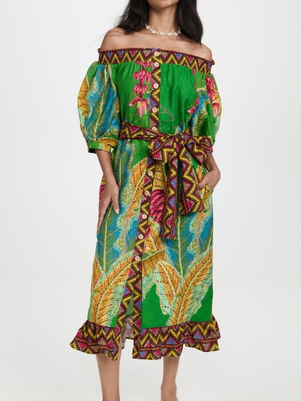 NWT FARM Rio Multicolor Tropical Off-Shoulder Midi Dress